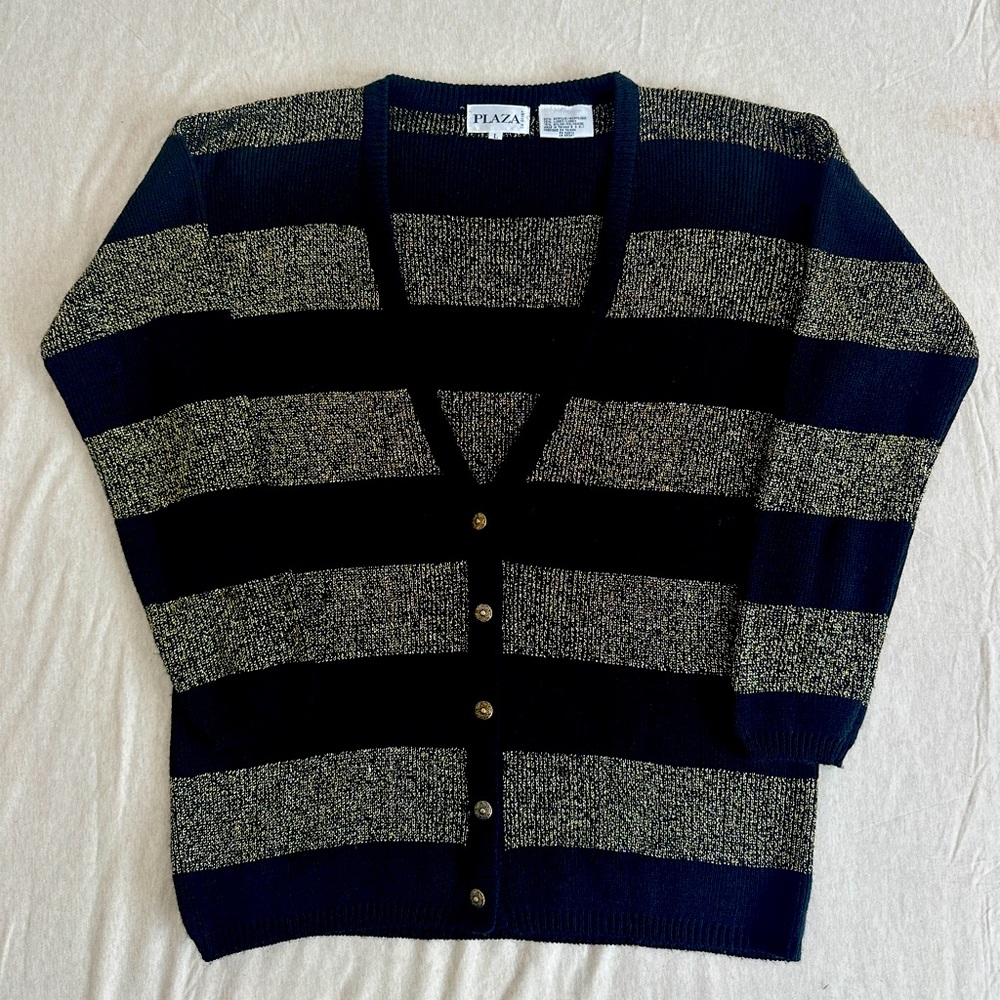 Vintage 80s Black and metallic Gold Striped Women's Cardigan